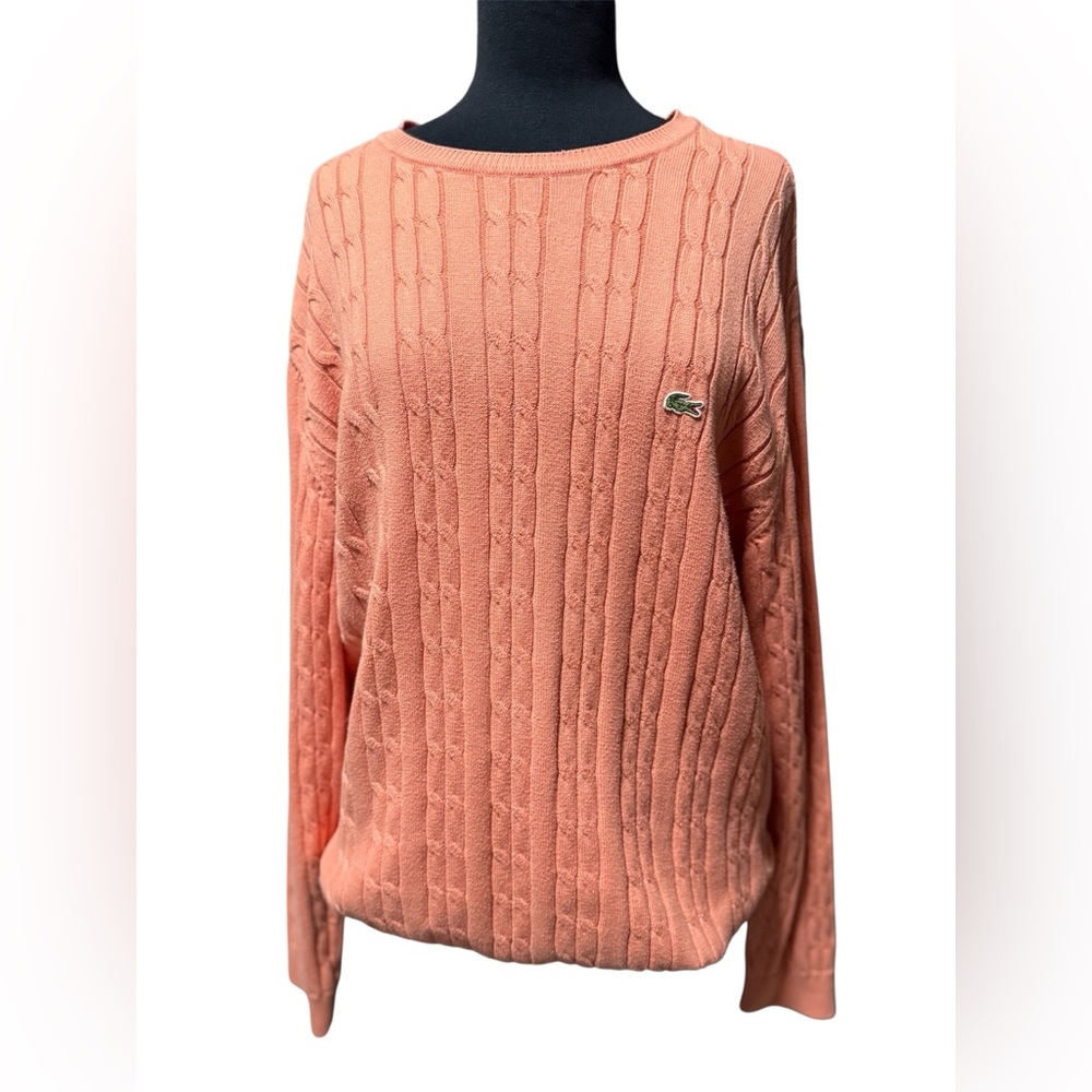 Lacoste Women’s Cable Knit Cotton Sweater Coral Peach Size 5 (US L)Logo Pullover